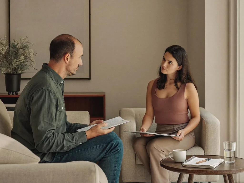 Client talking with a counsellor in a quiet therapy room
