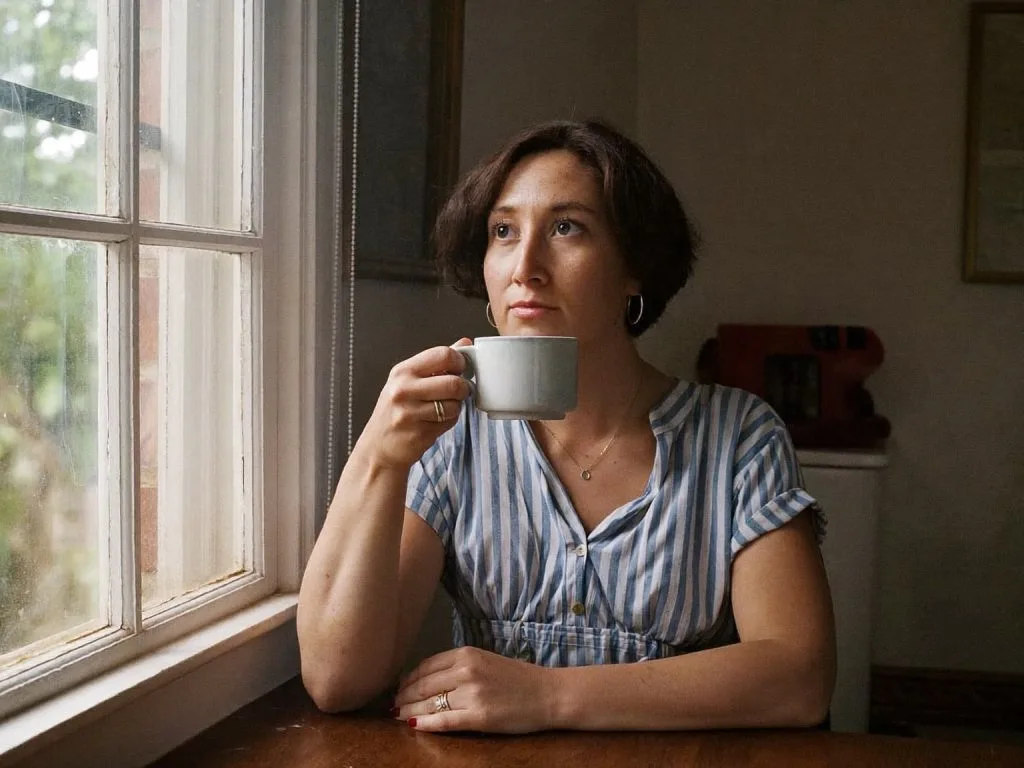 Woman reflecting by a window with a cup of tea