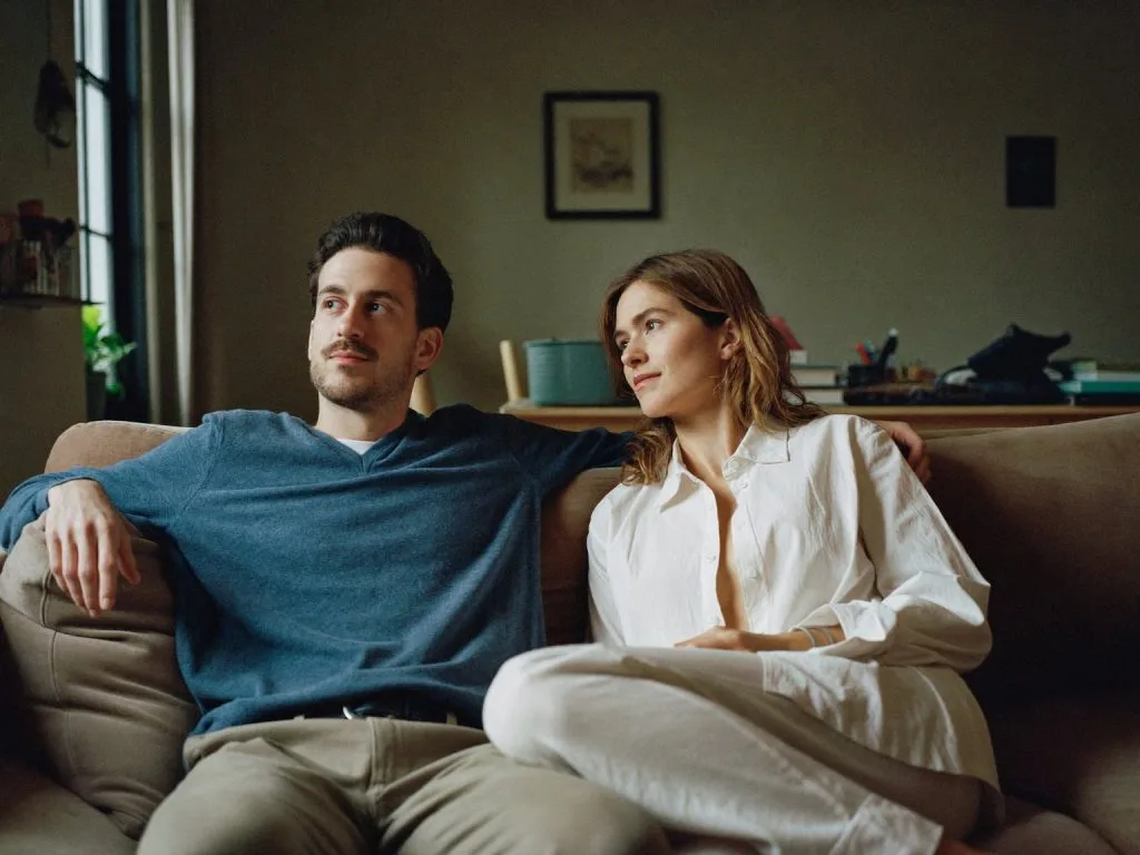 Couple sitting quietly together on a sofa